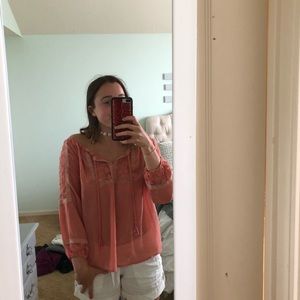 Coral flowery lace blouse